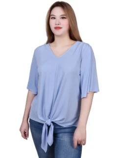NY Collection Elbow Sleeve Tie-Front Top