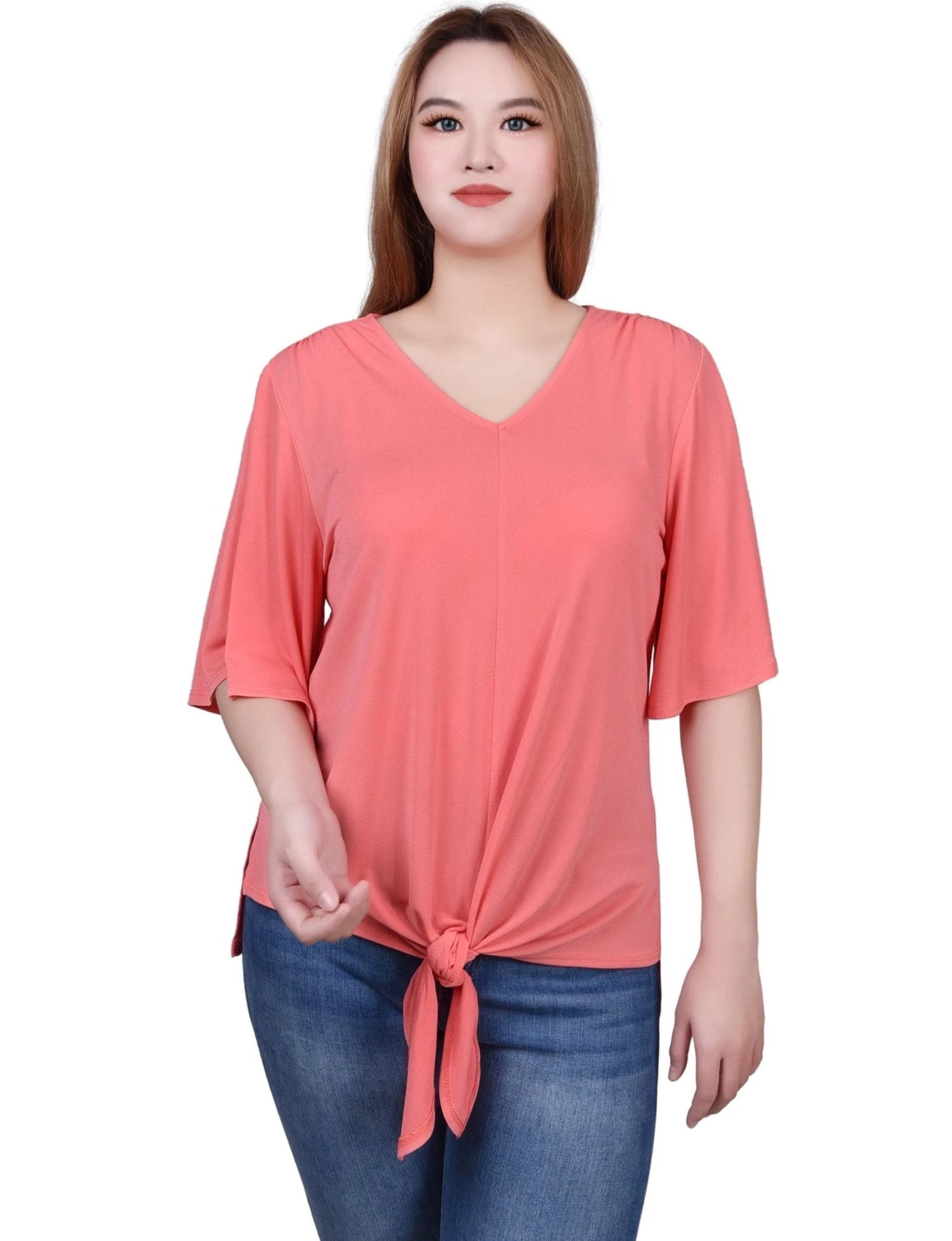 NY Collection Elbow Sleeve Tie-Front Top 9 NY Collection Elbow Sleeve Tie-Front Top - Image 9