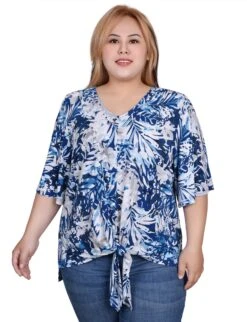 NY Collection Plus Size V-Neck Tie-Front Top with Flutter Sleeves