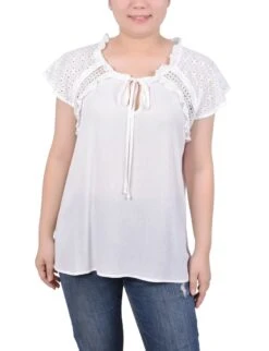 NY Collection Petite Eyelet Sleeve Blouse with Ruffled Neckline