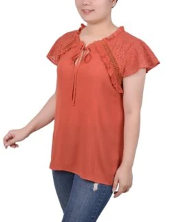 NY Collection Petite Eyelet Sleeve Blouse with Ruffled Neckline -Dressbarn Store ny collection eyelet sleeve blouse petite 345318