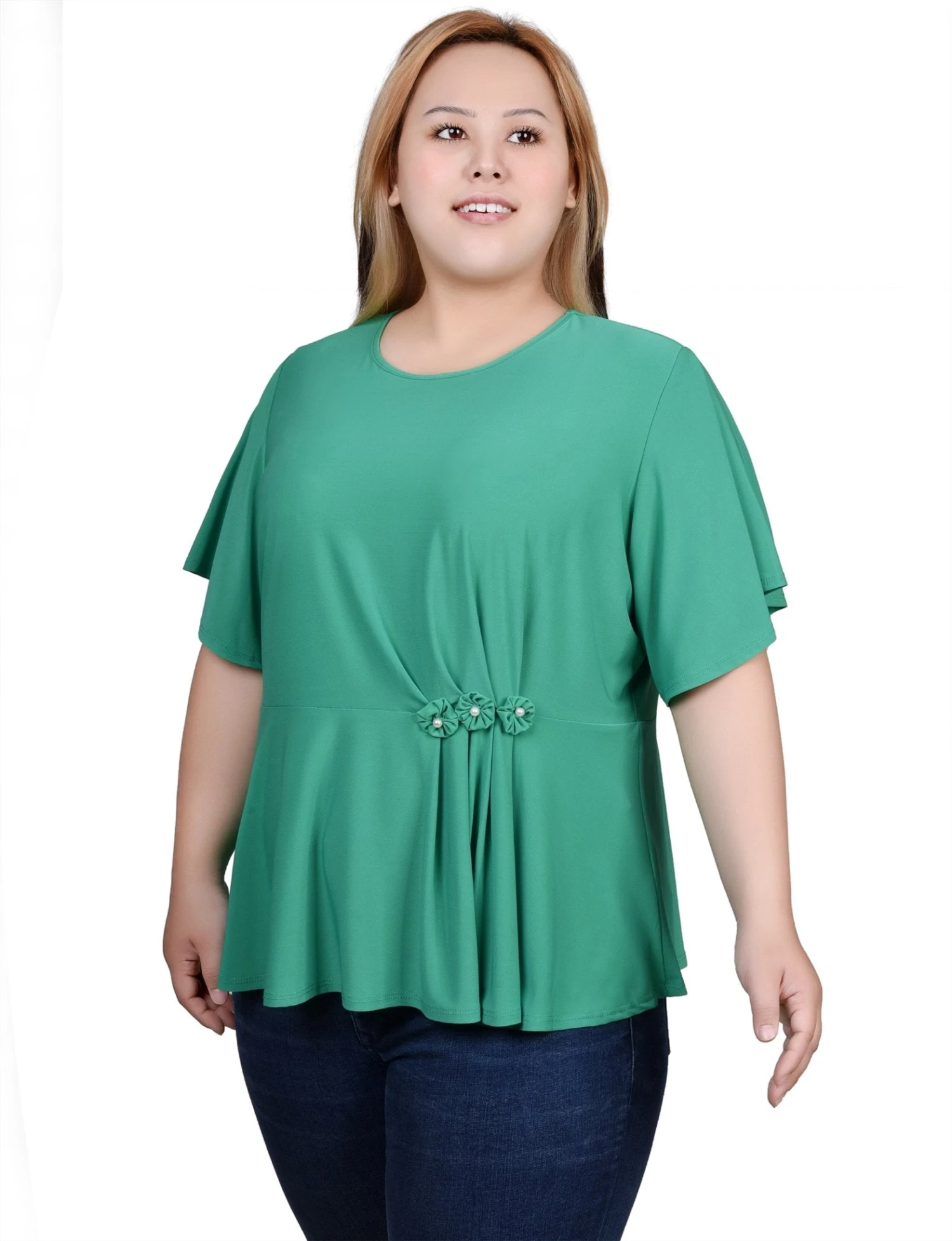Elegant Plus Size Flutter Sleeve Top with Pearl Flower Waist Detail 2 Elegant Plus Size Flutter Sleeve Top with Pearl Flower Waist Detail - Image 2