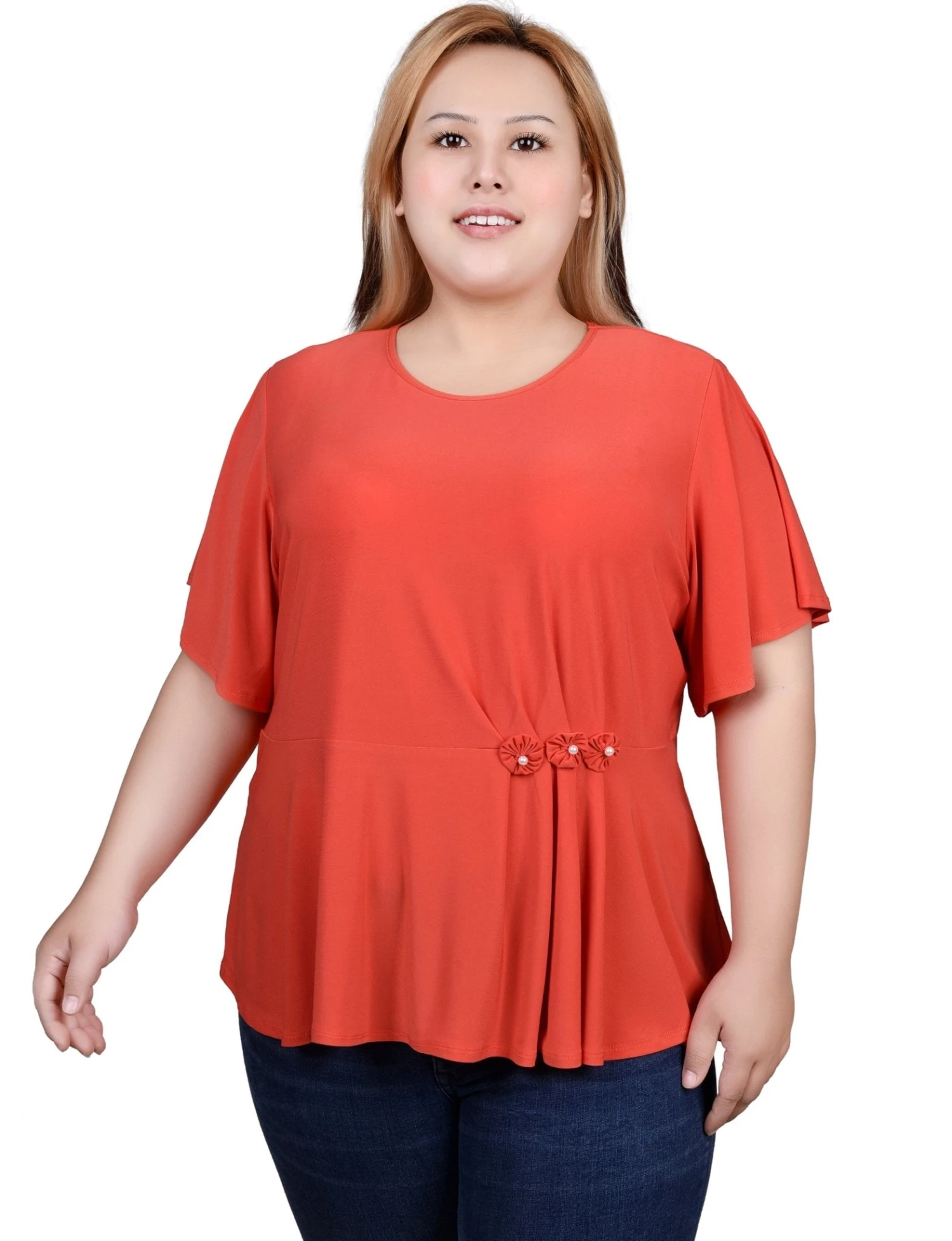 Elegant Plus Size Flutter Sleeve Top with Pearl Flower Waist Detail 5 Elegant Plus Size Flutter Sleeve Top with Pearl Flower Waist Detail - Image 5