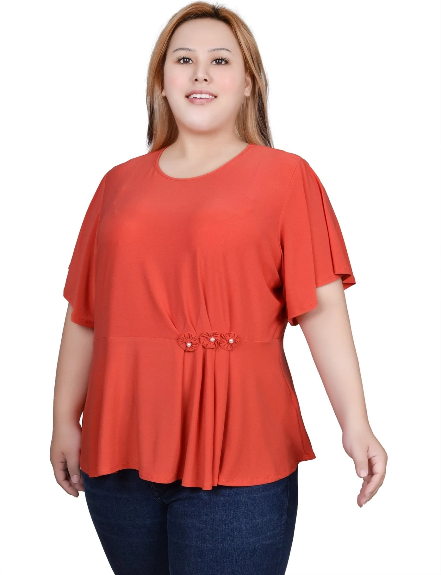 Elegant Plus Size Flutter Sleeve Top with Pearl Flower Waist Detail 6 Elegant Plus Size Flutter Sleeve Top with Pearl Flower Waist Detail - Image 6