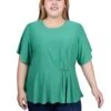 Elegant Plus Size Flutter Sleeve Top with Pearl Flower Waist Detail