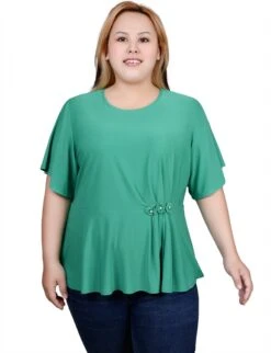 Elegant Plus Size Flutter Sleeve Top with Pearl Flower Waist Detail