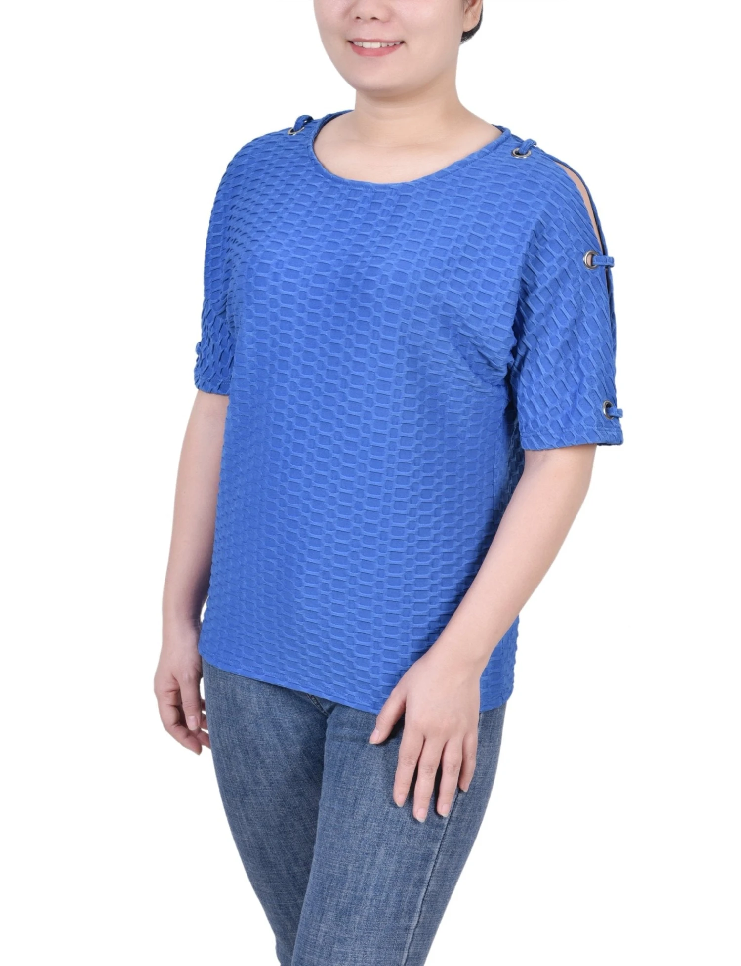 Petite Honeycomb Open Shoulder Tunic with Grommet Accents 2 Petite Honeycomb Open Shoulder Tunic with Grommet Accents - Image 2