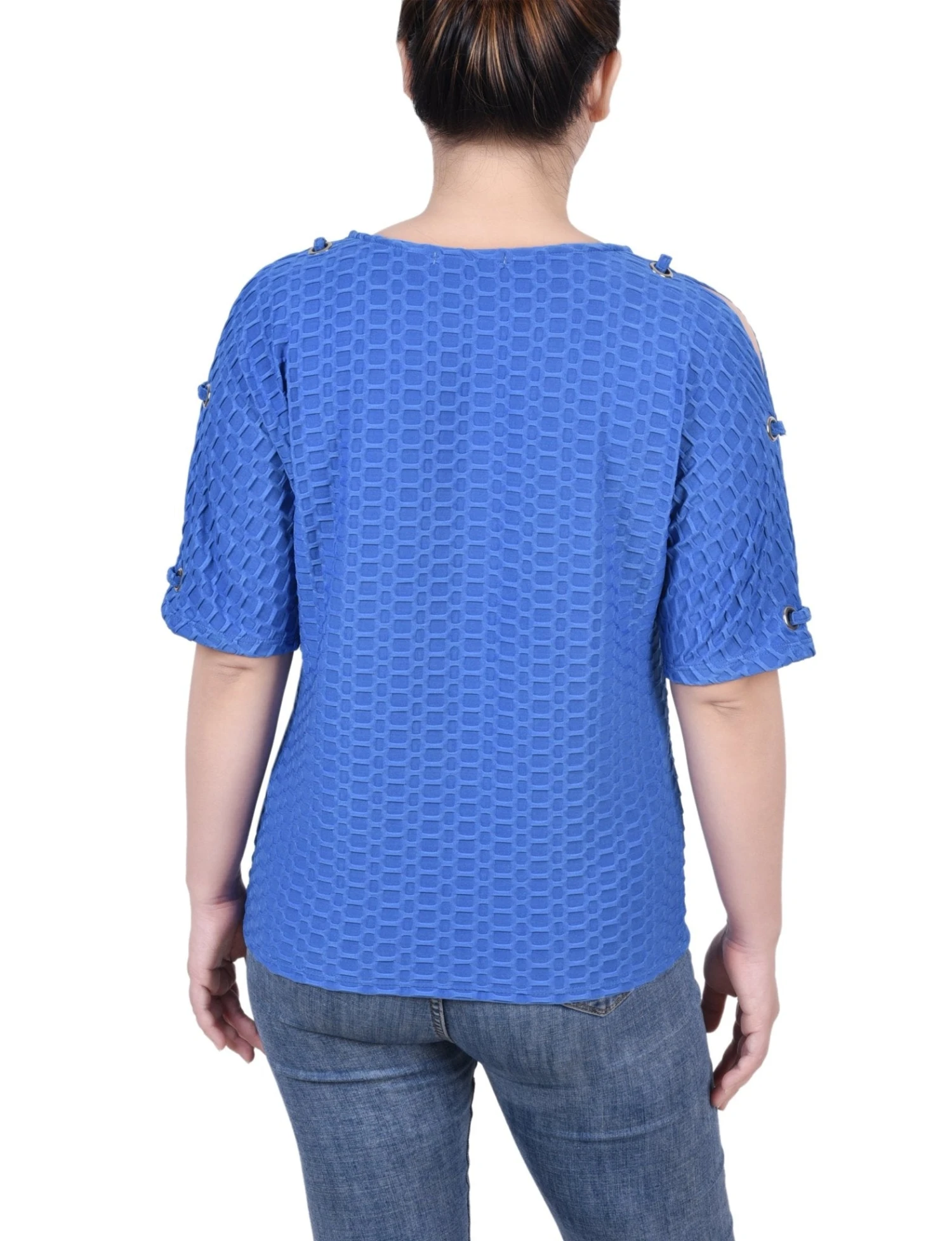 Petite Honeycomb Open Shoulder Tunic with Grommet Accents 4 Petite Honeycomb Open Shoulder Tunic with Grommet Accents - Image 4