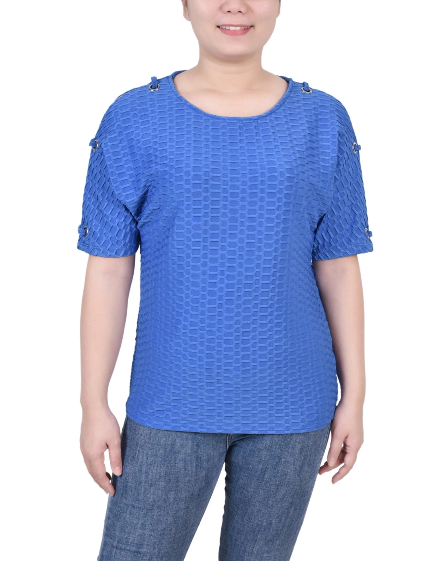 Petite Honeycomb Open Shoulder Tunic with Grommet Accents 1 Petite Honeycomb Open Shoulder Tunic with Grommet Accents