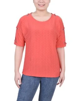 Petite Honeycomb Open Shoulder Tunic with Grommet Accents 12 Petite Honeycomb Open Shoulder Tunic with Grommet Accents -Dressbarn Store ny collection honeycomb open shoulder tunic petite 348634