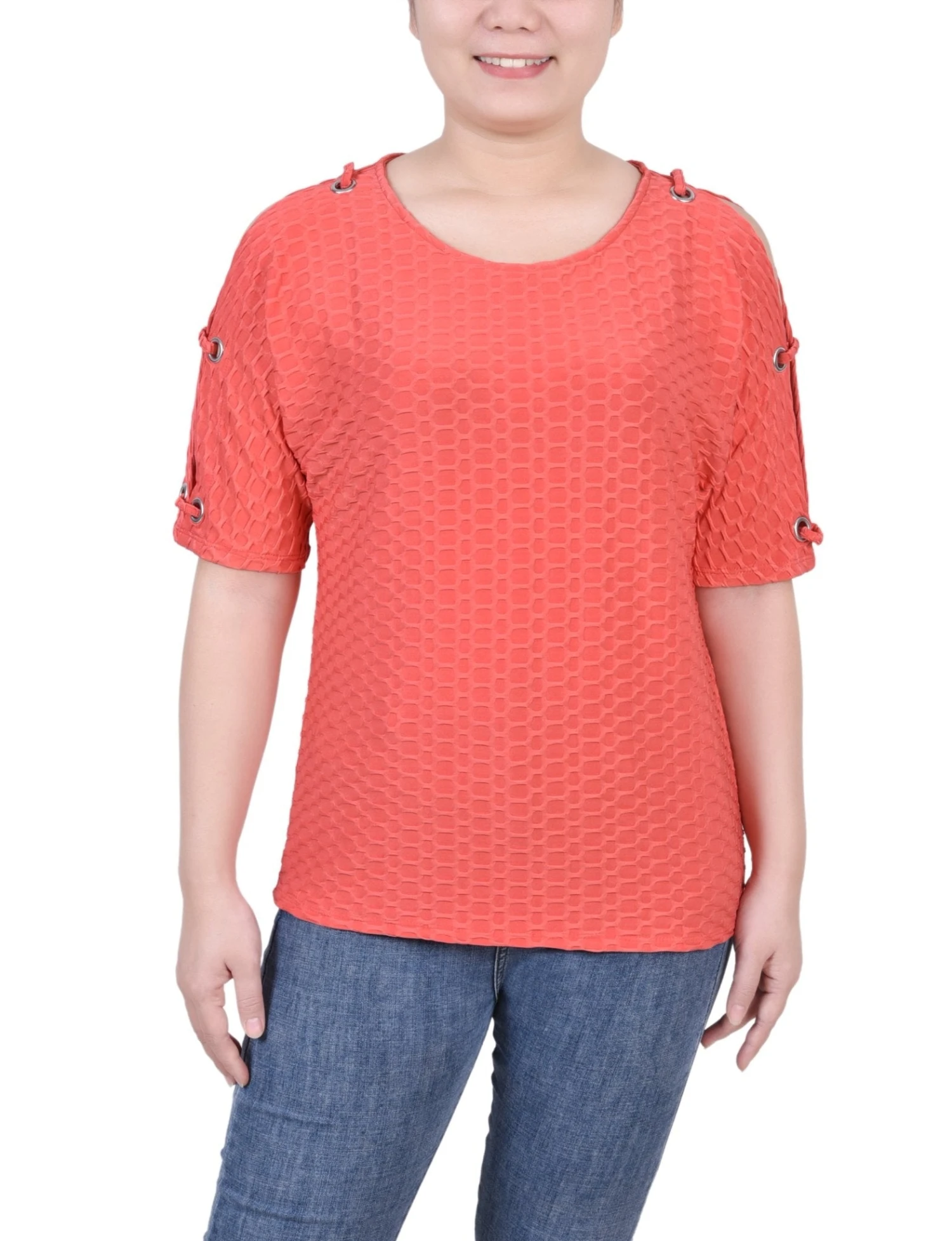 Petite Honeycomb Open Shoulder Tunic with Grommet Accents 5 Petite Honeycomb Open Shoulder Tunic with Grommet Accents - Image 5