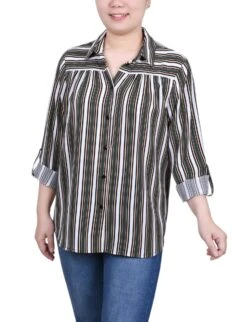Petite Striped Roll Tab Sleeve Blouse - Relaxed Fit Casual Top