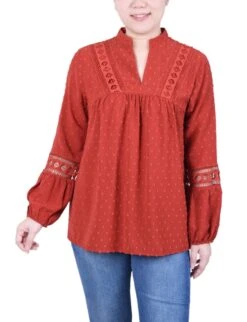 NY Collection Petite Long Sleeve Blouse with Elegant Crochet Trim -Dressbarn Store ny collection long sleeve blouse with crochet trim petite 118448