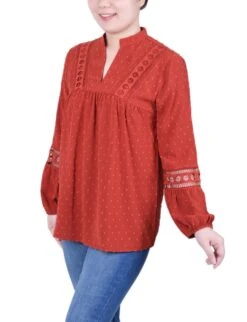 NY Collection Petite Long Sleeve Blouse with Elegant Crochet Trim -Dressbarn Store ny collection long sleeve blouse with crochet trim petite 270909