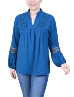 NY Collection Petite Long Sleeve Blouse with Elegant Crochet Trim