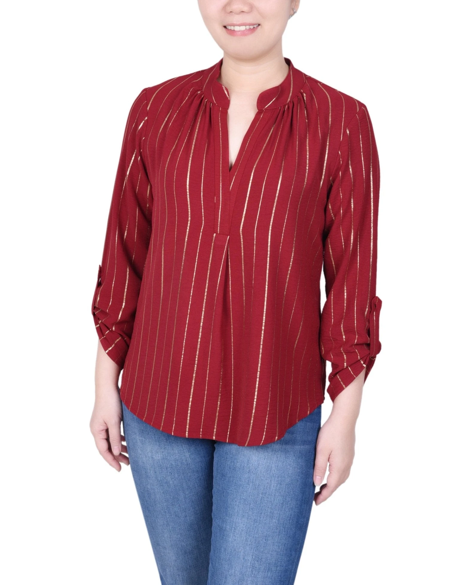 NY Collection Petite Long Sleeve Foil Striped Blouse 5 NY Collection Petite Long Sleeve Foil Striped Blouse - Image 5