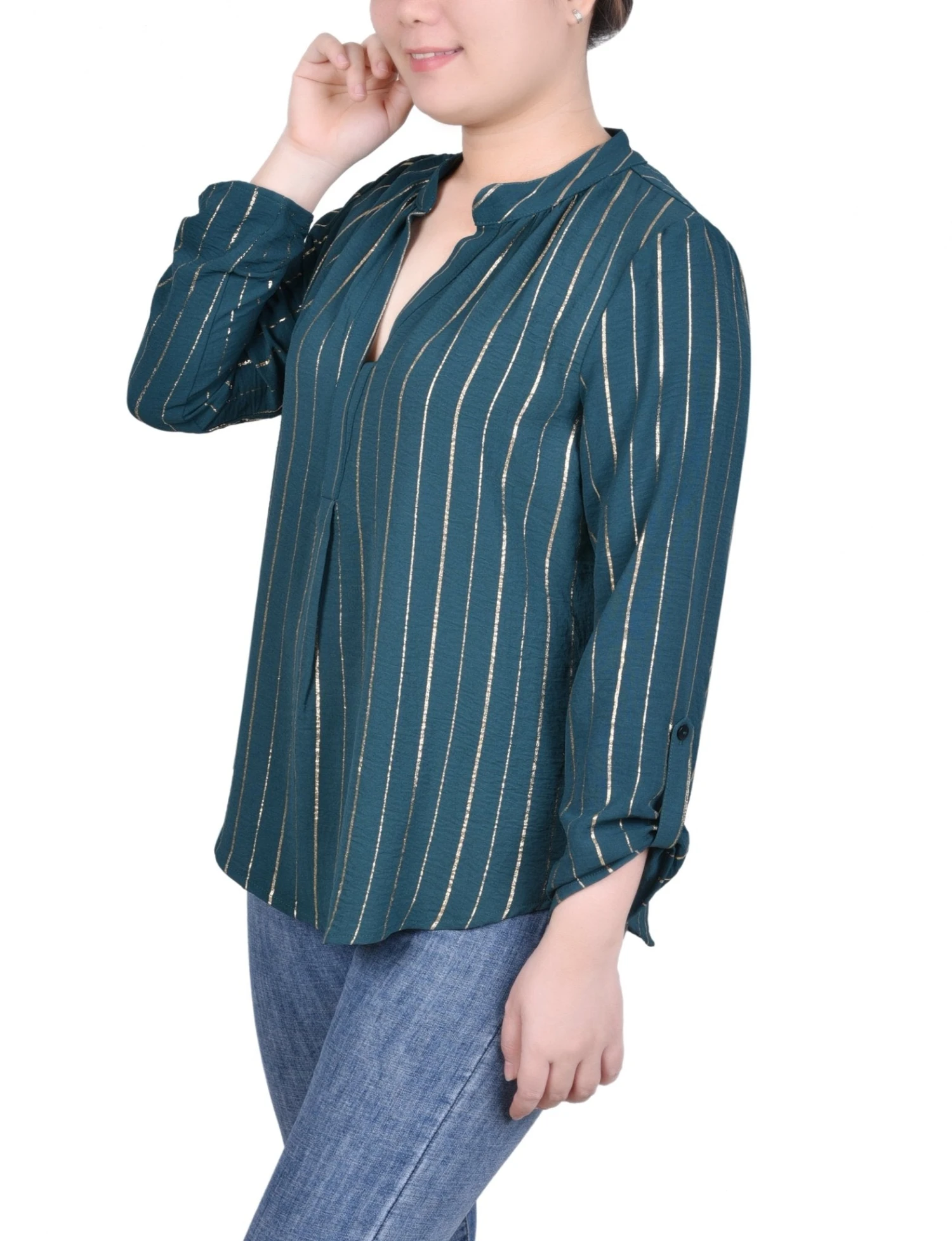 NY Collection Petite Long Sleeve Foil Striped Blouse 10 NY Collection Petite Long Sleeve Foil Striped Blouse - Image 10