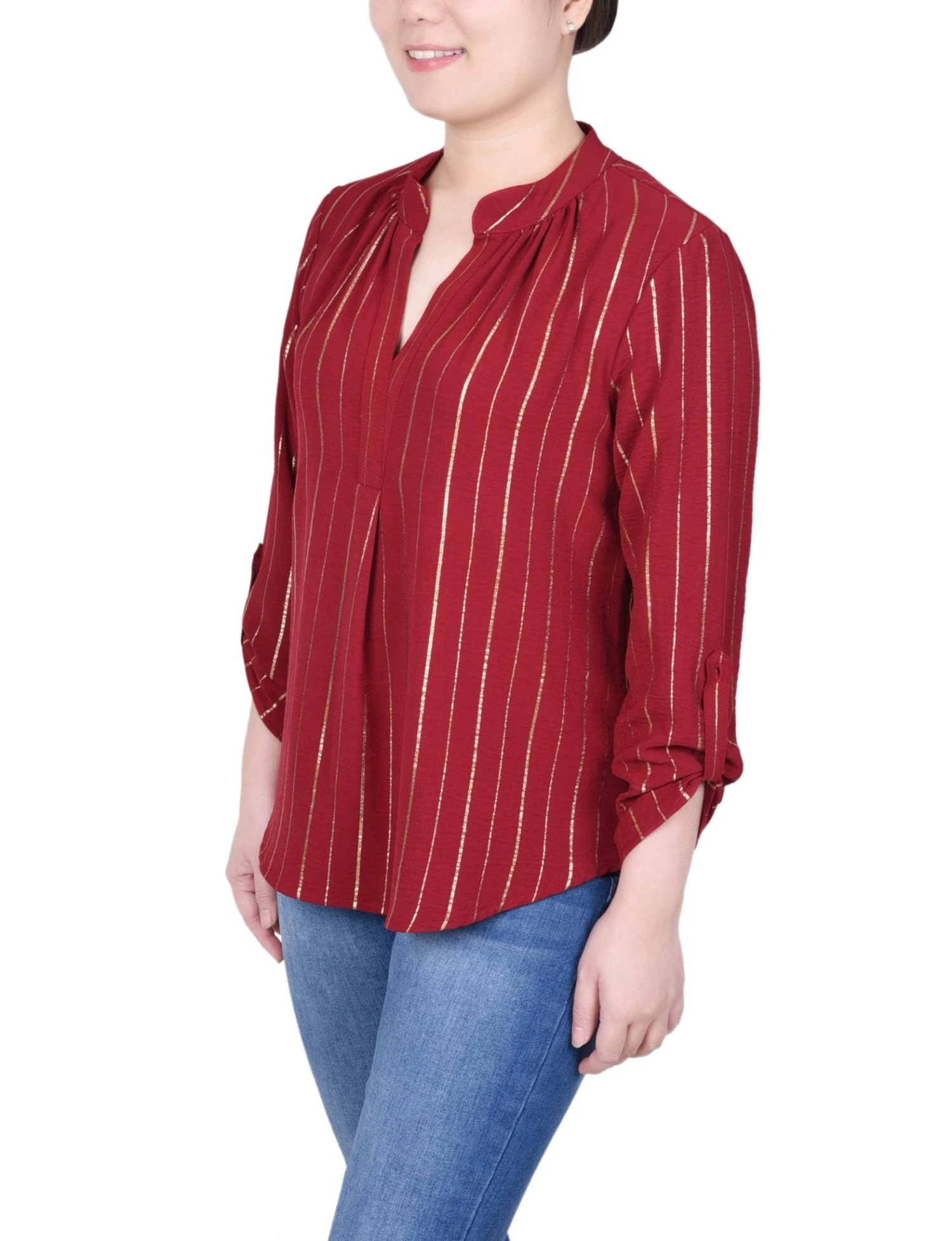 NY Collection Petite Long Sleeve Foil Striped Blouse 6 NY Collection Petite Long Sleeve Foil Striped Blouse - Image 6