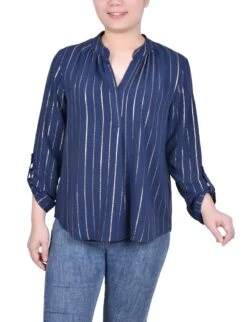 NY Collection Petite Long Sleeve Foil Striped Blouse