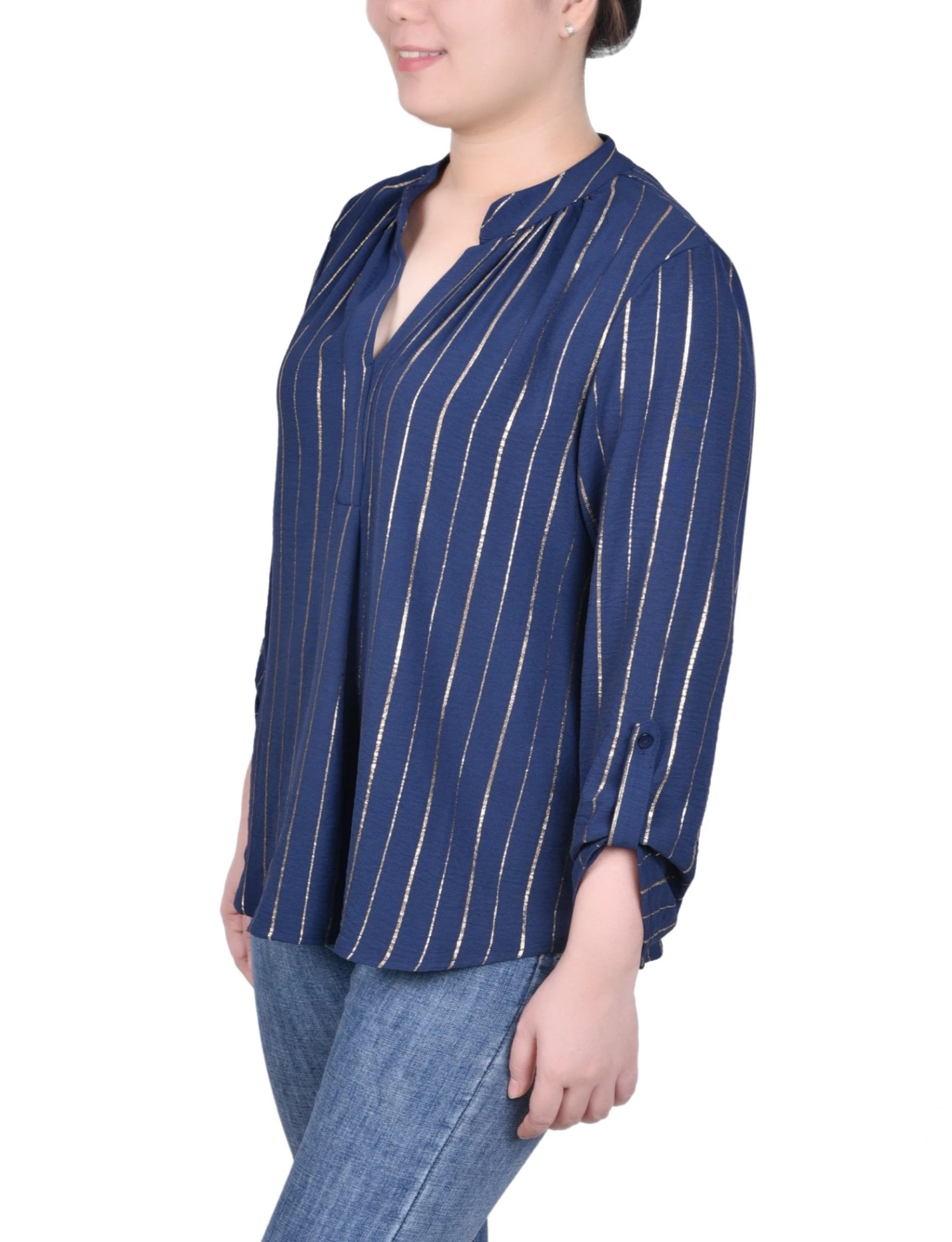 NY Collection Petite Long Sleeve Foil Striped Blouse 2 NY Collection Petite Long Sleeve Foil Striped Blouse - Image 2