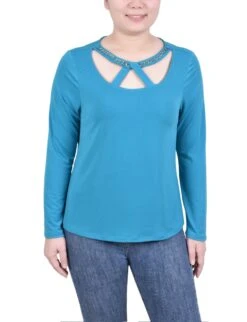 NY Collection Petite Long Sleeve Crepe Knit Top with Jeweled Neckline