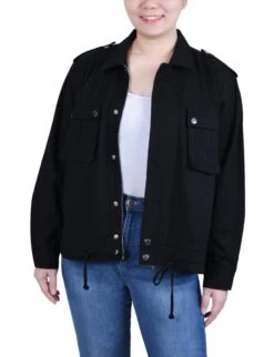 NY Collection Petite Long Sleeve Twill Jacket with Drawstring Waist