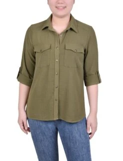 NY Collection Petite Relaxed Fit Roll Tab Blouse
