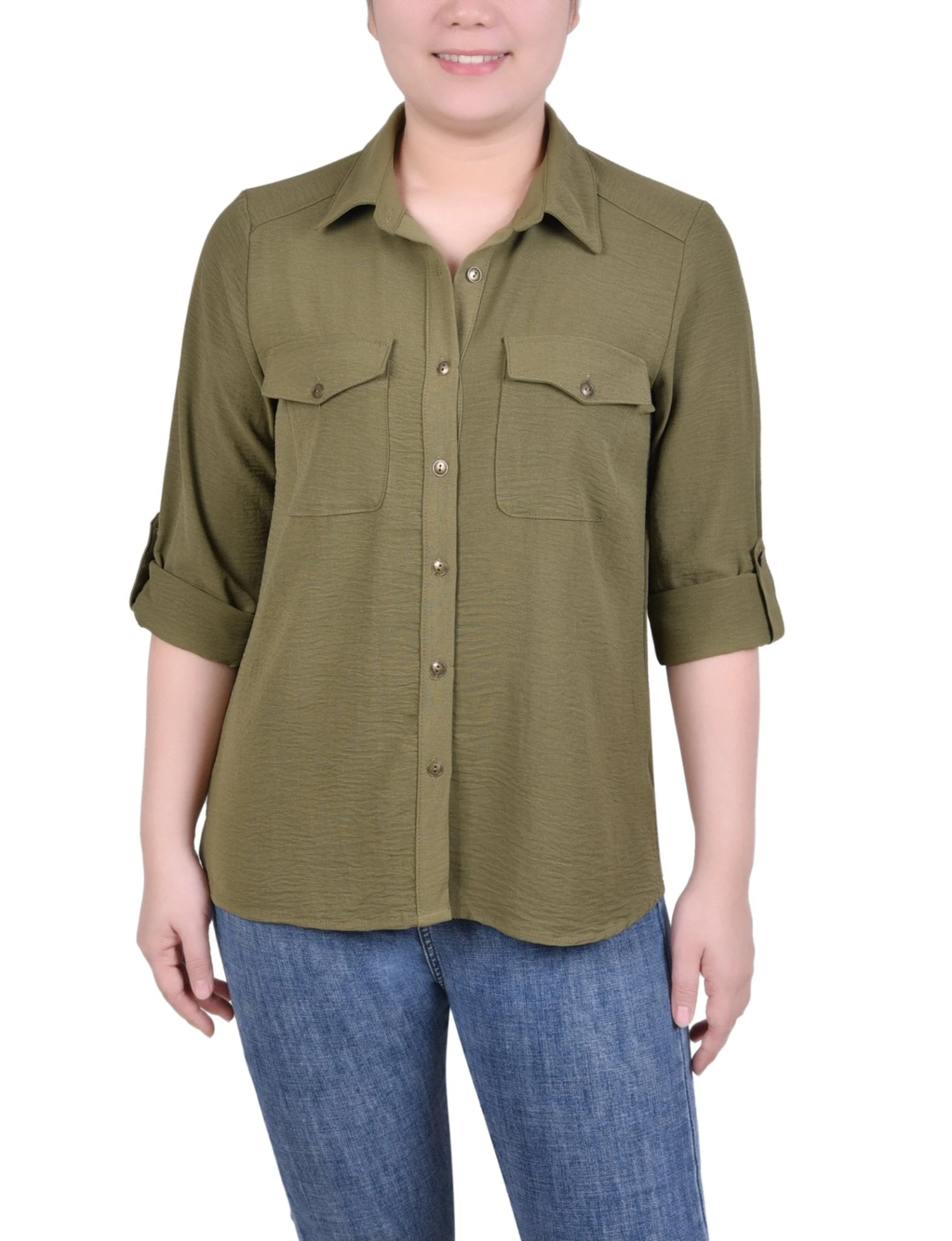 NY Collection Petite Relaxed Fit Roll Tab Blouse 1 NY Collection Petite Relaxed Fit Roll Tab Blouse