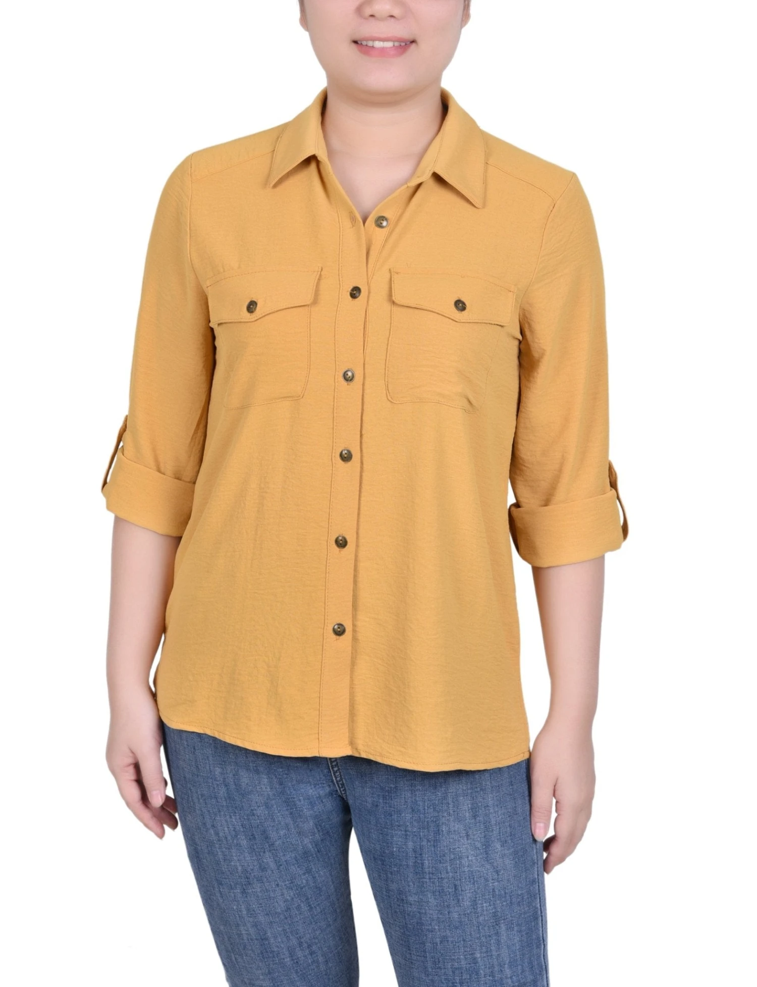 NY Collection Petite Relaxed Fit Roll Tab Blouse 4 NY Collection Petite Relaxed Fit Roll Tab Blouse - Image 4