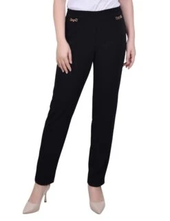 Petite Slim Leg Scuba Crepe Ankle Pants with Elegant Chain Detail