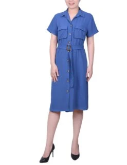 NY Collection Petite Short Sleeve Belted Shirtdress