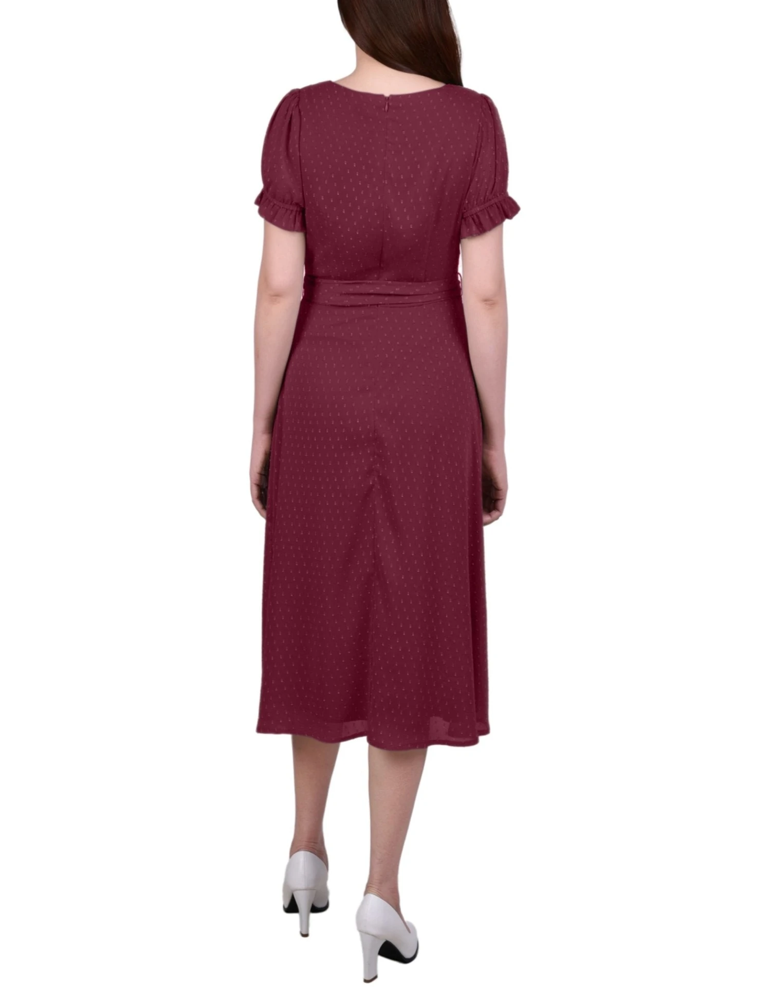 NY Collection Petite Short Sleeve Belted Swiss Dot Midi Dress 6 NY Collection Petite Short Sleeve Belted Swiss Dot Midi Dress - Image 6