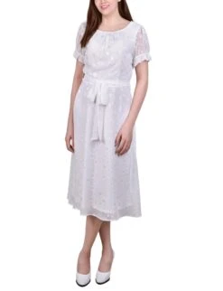 NY Collection Petite Short Sleeve Belted Swiss Dot Midi Dress