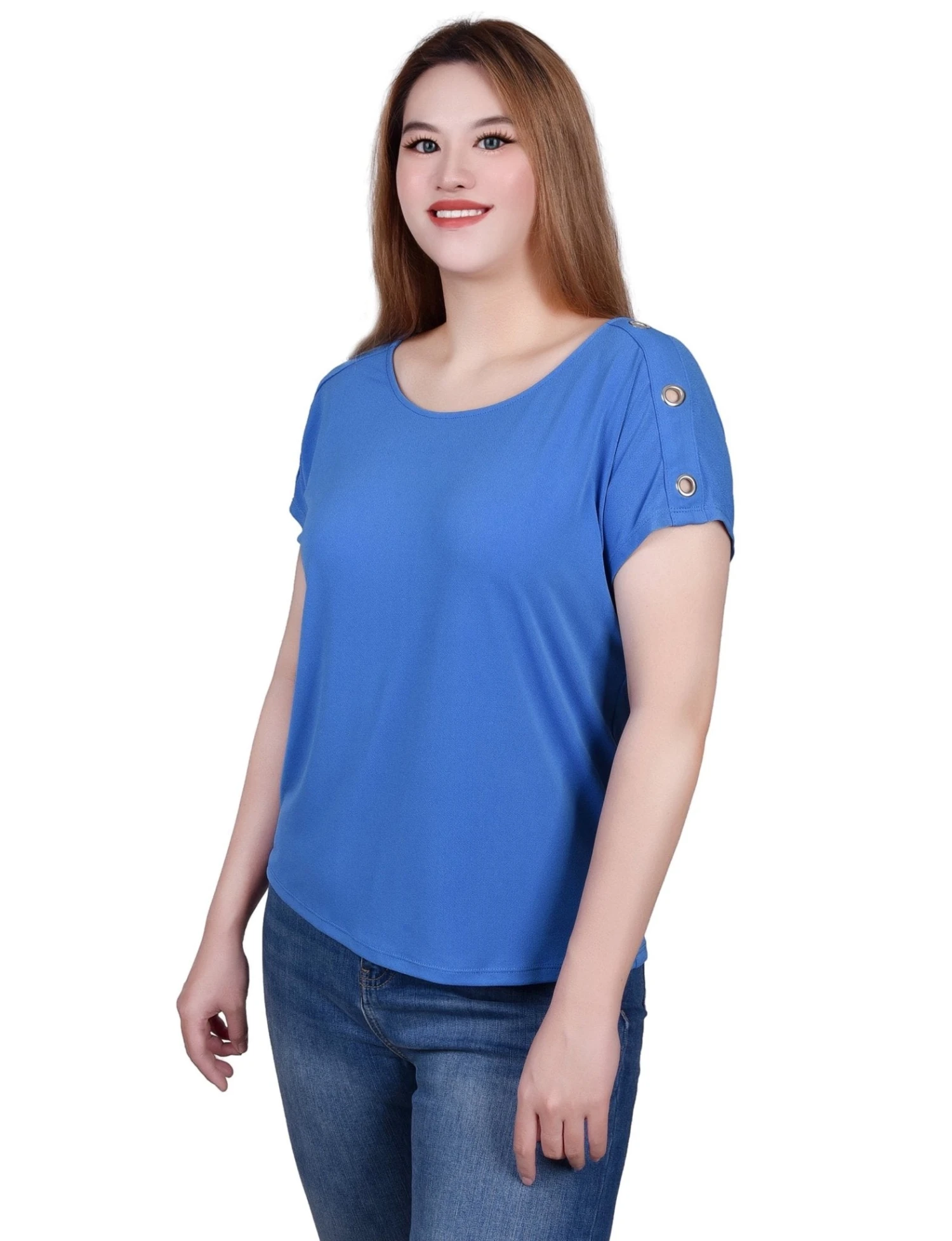 NY Collection Petite Short Sleeve Button-Shoulder Tunic Top 1 NY Collection Petite Short Sleeve Button-Shoulder Tunic Top