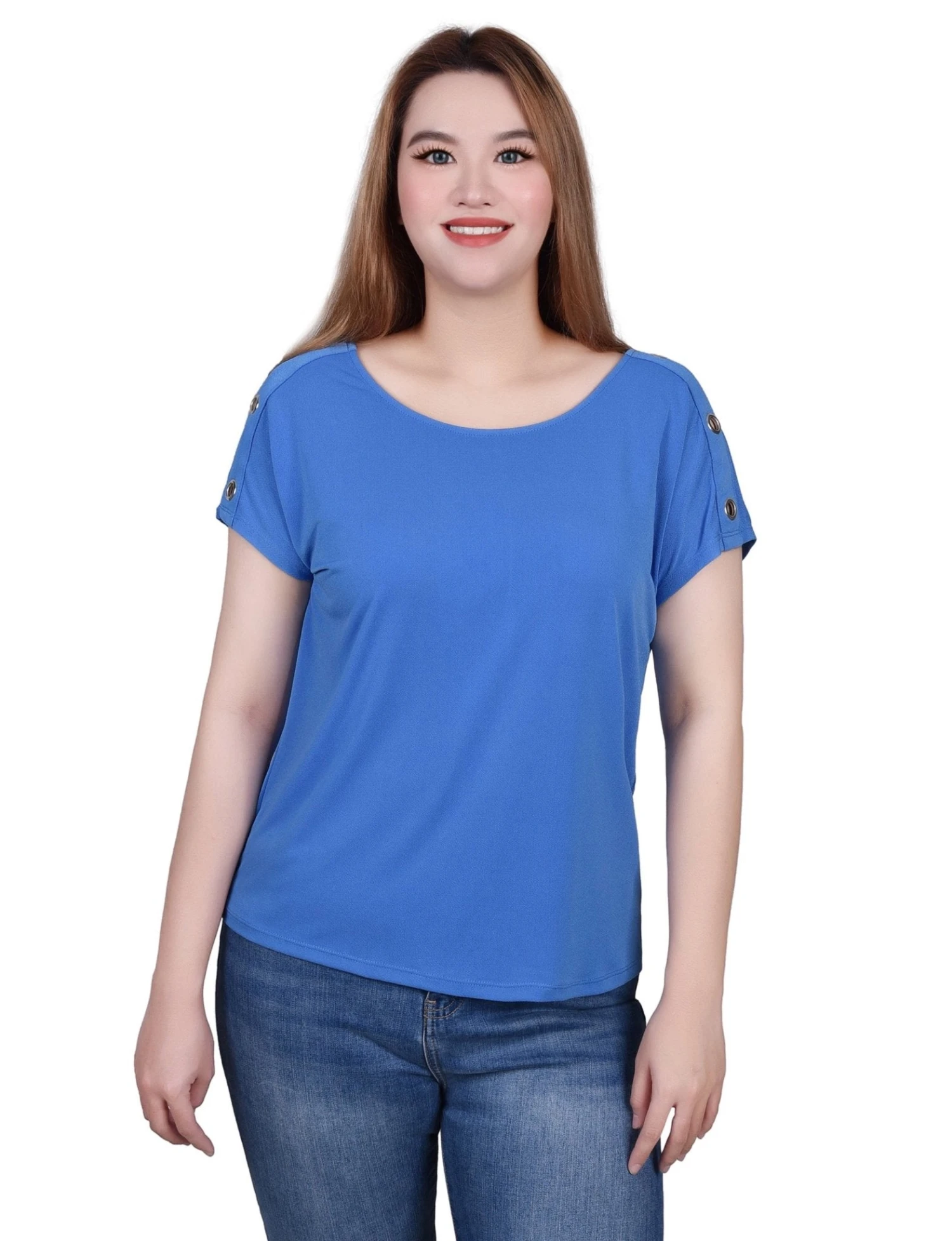 NY Collection Petite Short Sleeve Button-Shoulder Tunic Top 2 NY Collection Petite Short Sleeve Button-Shoulder Tunic Top - Image 2