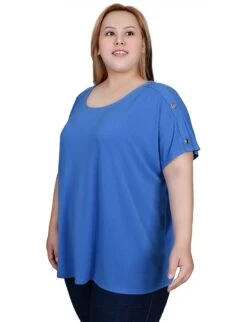 NY Collection Plus Size Short Sleeve Extended Tunic Top with Button Detail