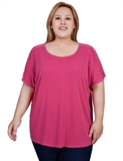 NY Collection Plus Size Short Sleeve Extended Tunic Top with Button Detail -Dressbarn Store ny collection short sleeve extended sleeve tunic top plus 776006