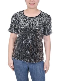 NY Collection Petite Short Sleeve Sequined Top with Rouched Sleeves -Dressbarn Store ny collection short sleeve sequined top petite 851056