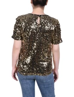 NY Collection Petite Short Sleeve Sequined Top with Rouched Sleeves -Dressbarn Store ny collection short sleeve sequined top petite 879057