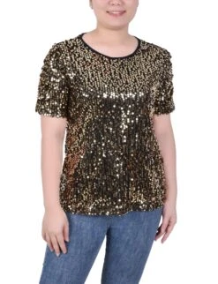 NY Collection Petite Short Sleeve Sequined Top with Rouched Sleeves
