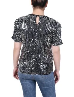 NY Collection Petite Short Sleeve Sequined Top with Rouched Sleeves -Dressbarn Store ny collection short sleeve sequined top petite 912518