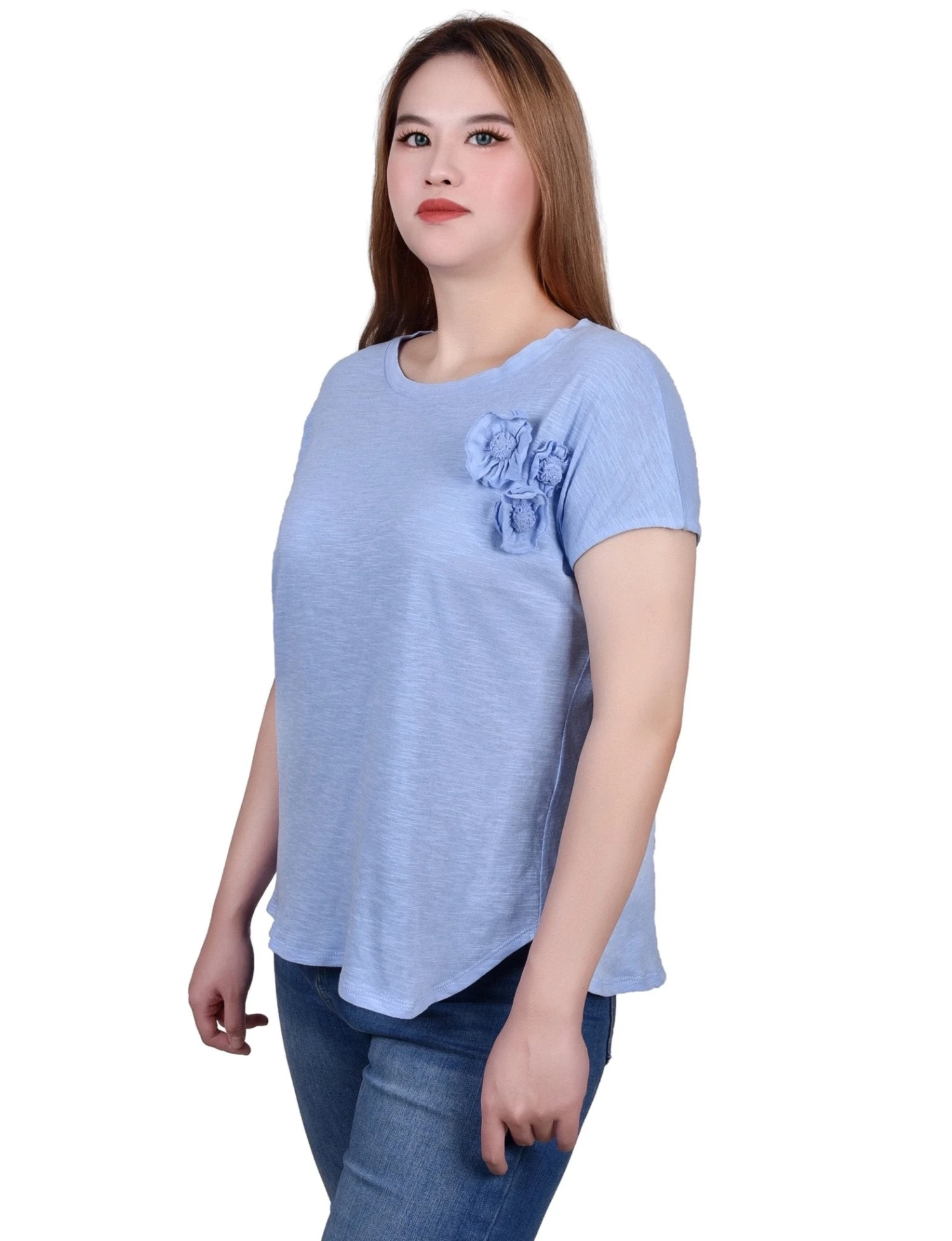 Women's Petite Cotton Slub Knit Top - Breathable Relaxed Fit Tee 2 Women's Petite Cotton Slub Knit Top - Breathable Relaxed Fit Tee - Image 2