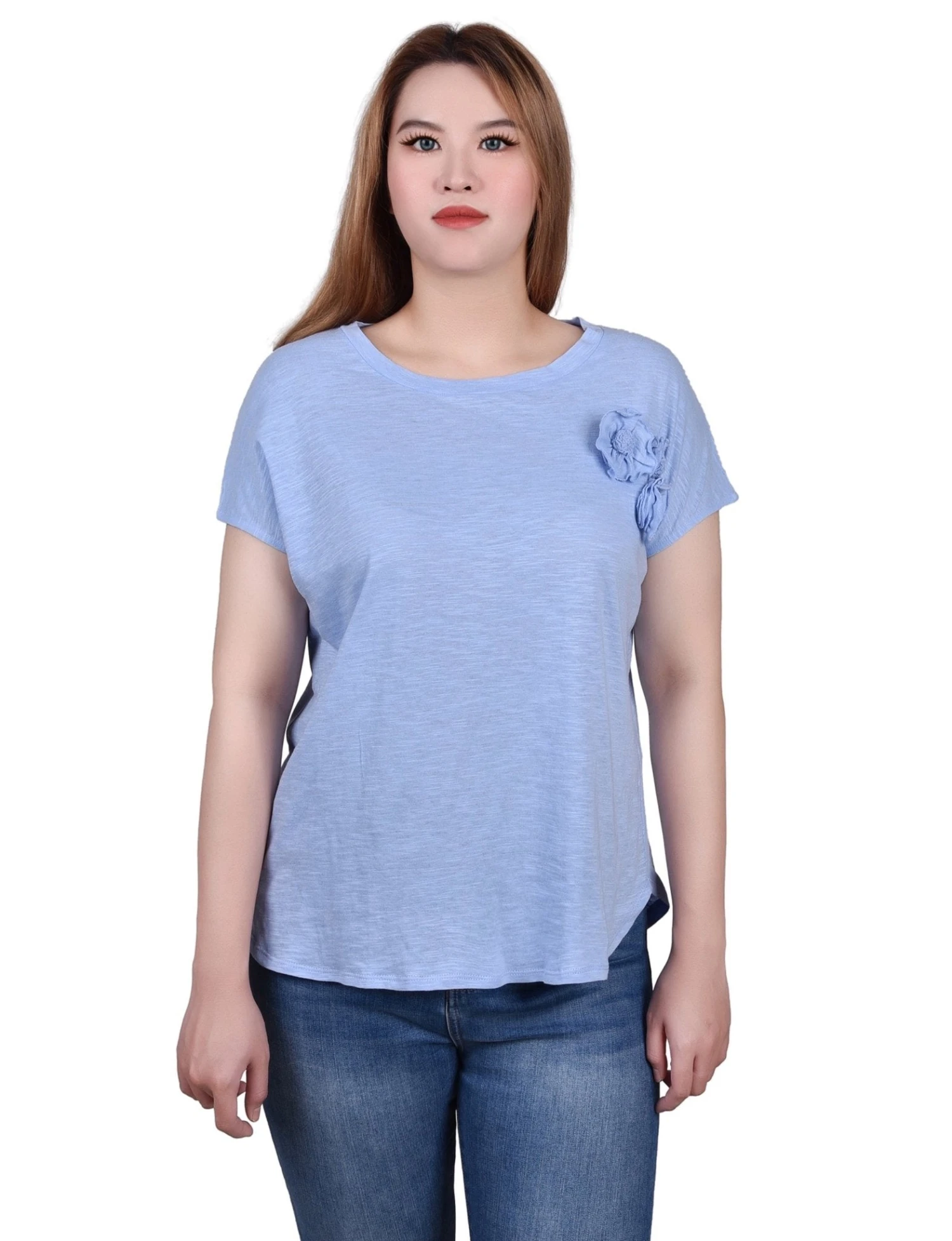 Women's Petite Cotton Slub Knit Top - Breathable Relaxed Fit Tee 1 Women's Petite Cotton Slub Knit Top - Breathable Relaxed Fit Tee