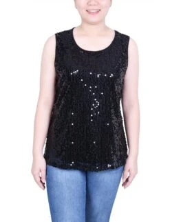 NY Collection Petite Sleeveless Sequined Tank Top with Combo Banding