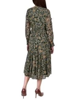 Petite Olive Floral Clip Dot Chiffon Dress with Smocked Waist -Dressbarn Store olive floral long sleeve clip dot chiffon dress with smocked waist and cuffs petite 487036