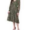 Petite Olive Floral Clip Dot Chiffon Dress with Smocked Waist