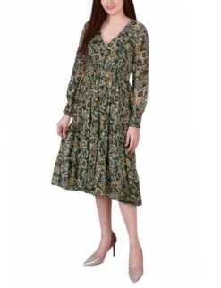 Petite Olive Floral Clip Dot Chiffon Dress with Smocked Waist