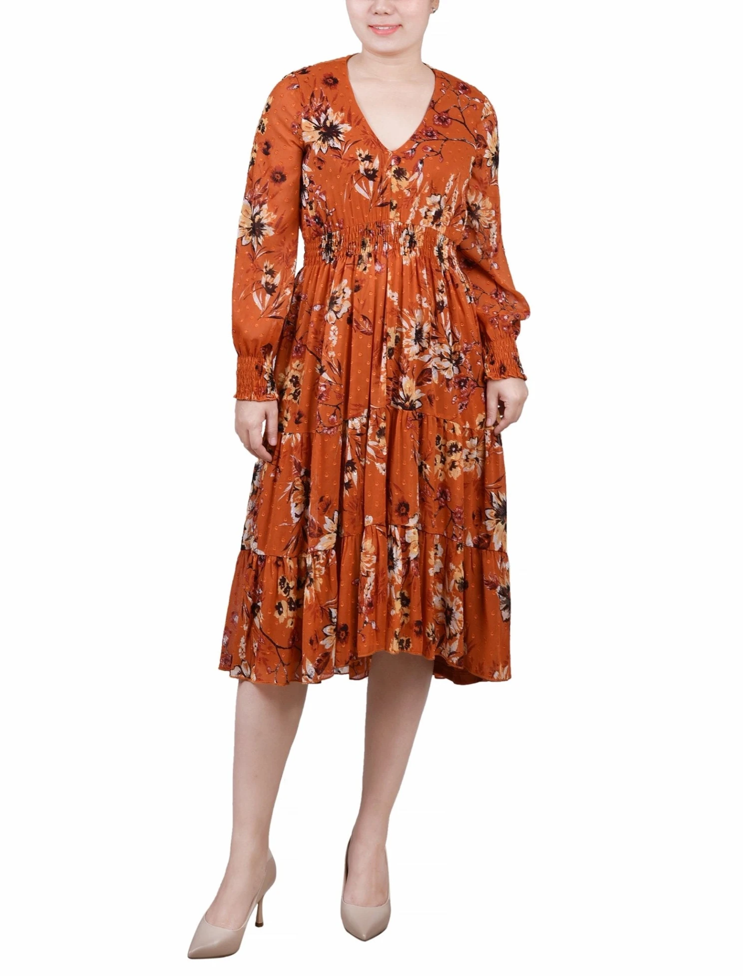 Orange Clip Dot Chiffon Dress - Long Sleeve Smocked Waist Midi 1 Orange Clip Dot Chiffon Dress - Long Sleeve Smocked Waist Midi