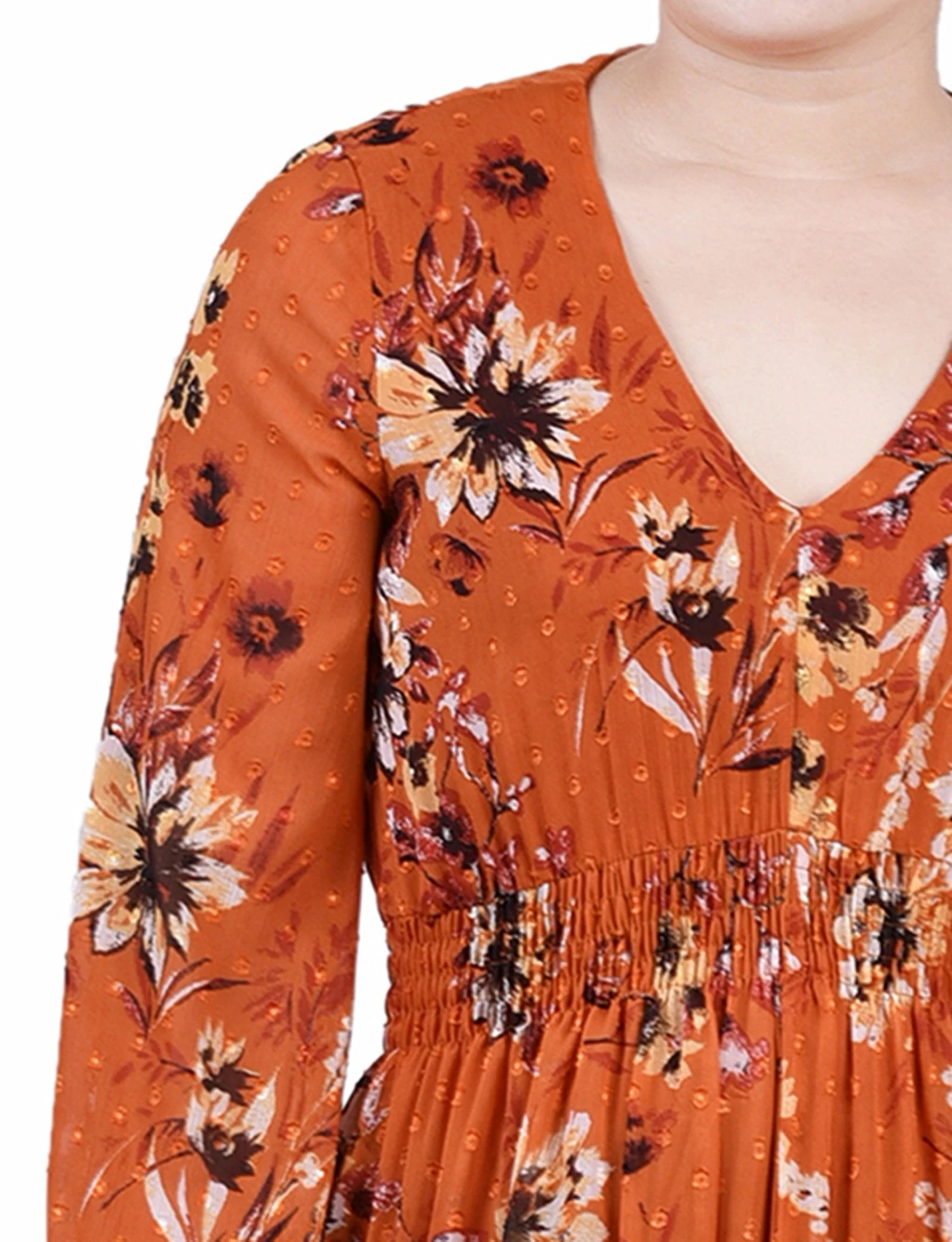 Orange Clip Dot Chiffon Dress - Long Sleeve Smocked Waist Midi 4 Orange Clip Dot Chiffon Dress - Long Sleeve Smocked Waist Midi - Image 4