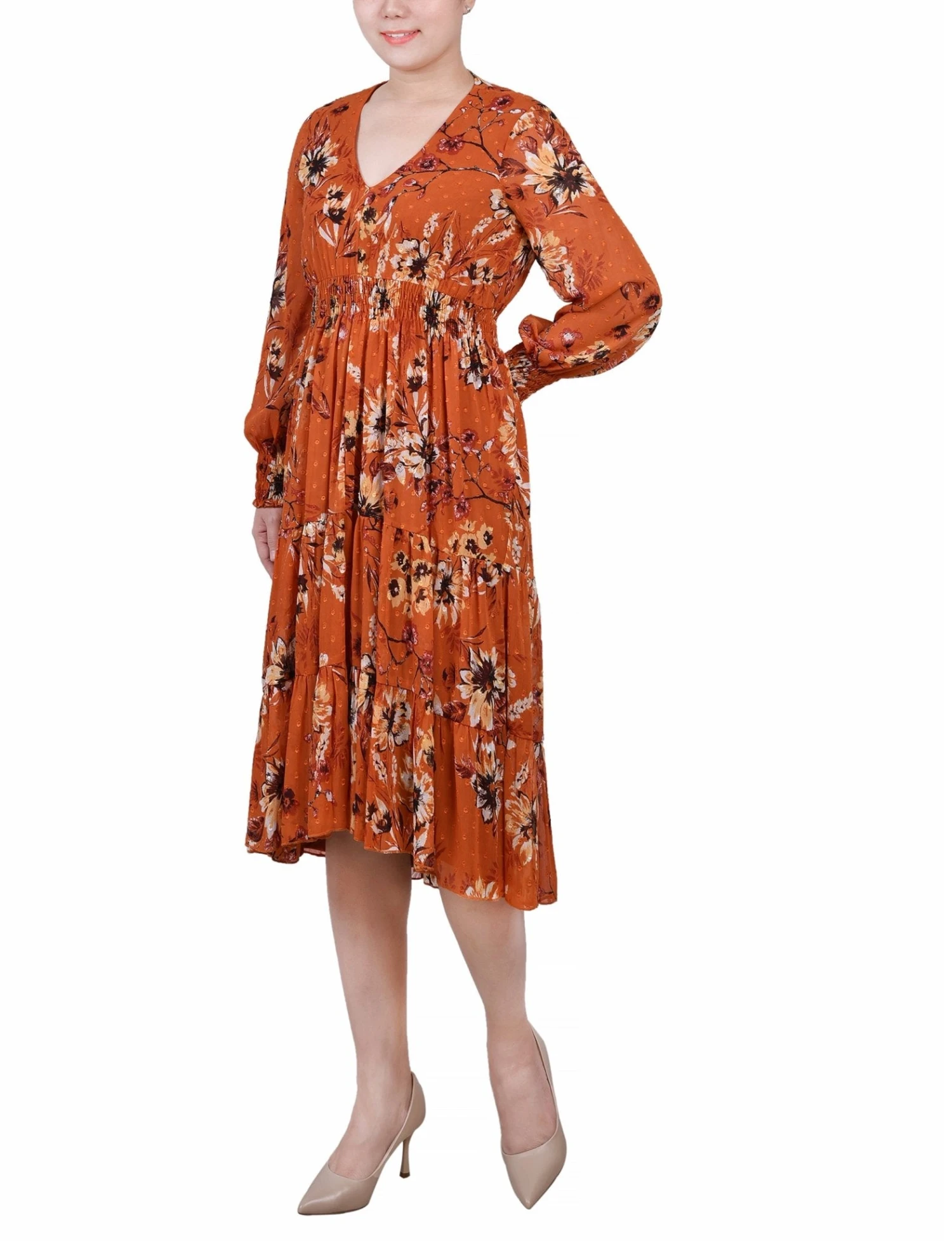 Orange Clip Dot Chiffon Dress - Long Sleeve Smocked Waist Midi 2 Orange Clip Dot Chiffon Dress - Long Sleeve Smocked Waist Midi - Image 2